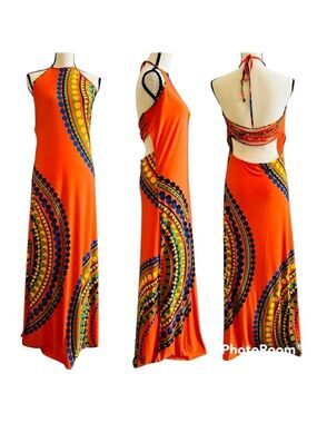 Vintage VENUS Orange Halter Strappy Maxi Dress Medium